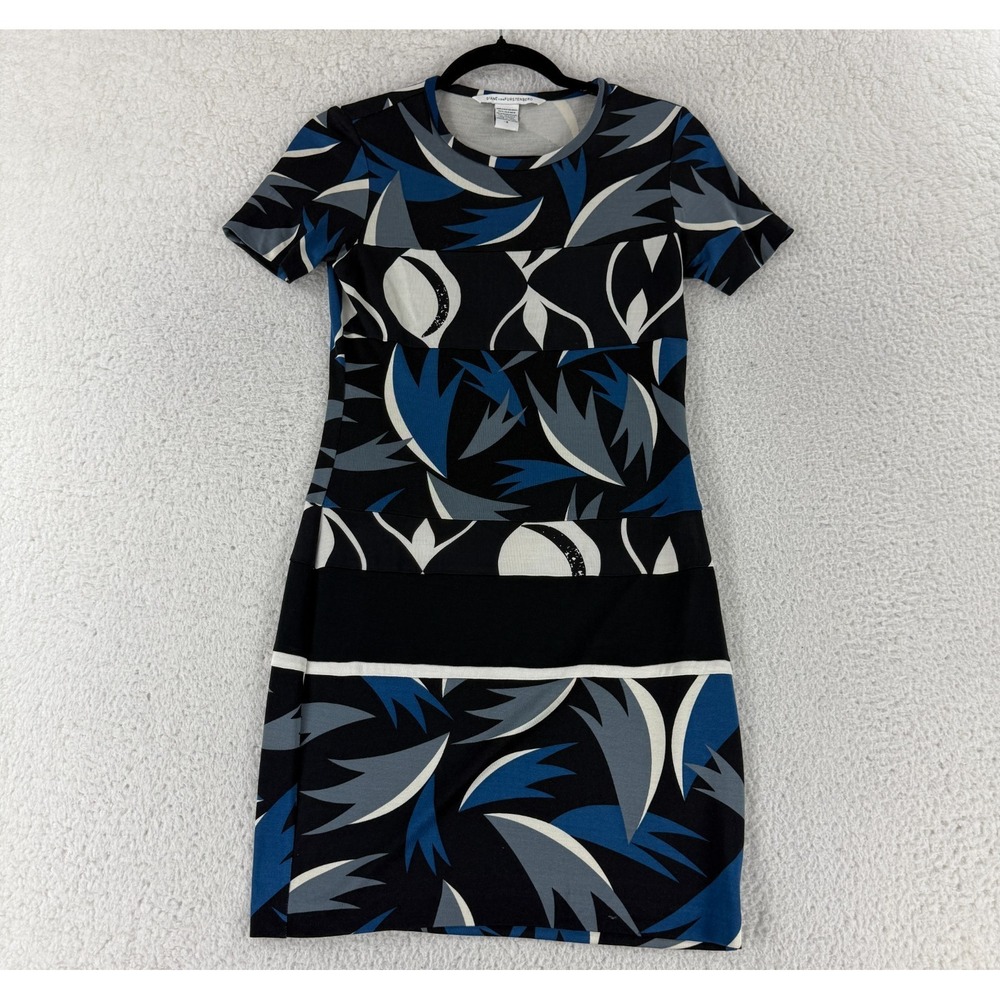 Diane von Furstenberg Jaliyah‎ Dress Womens Size 0 Blue Black Short Sleeve Silk